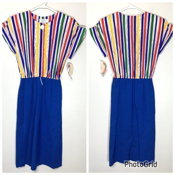 Vintage Dresses & Skirts - Vintage 80s Clowncore Dress Bright Primary Colors Abstract Rainbow Geometric